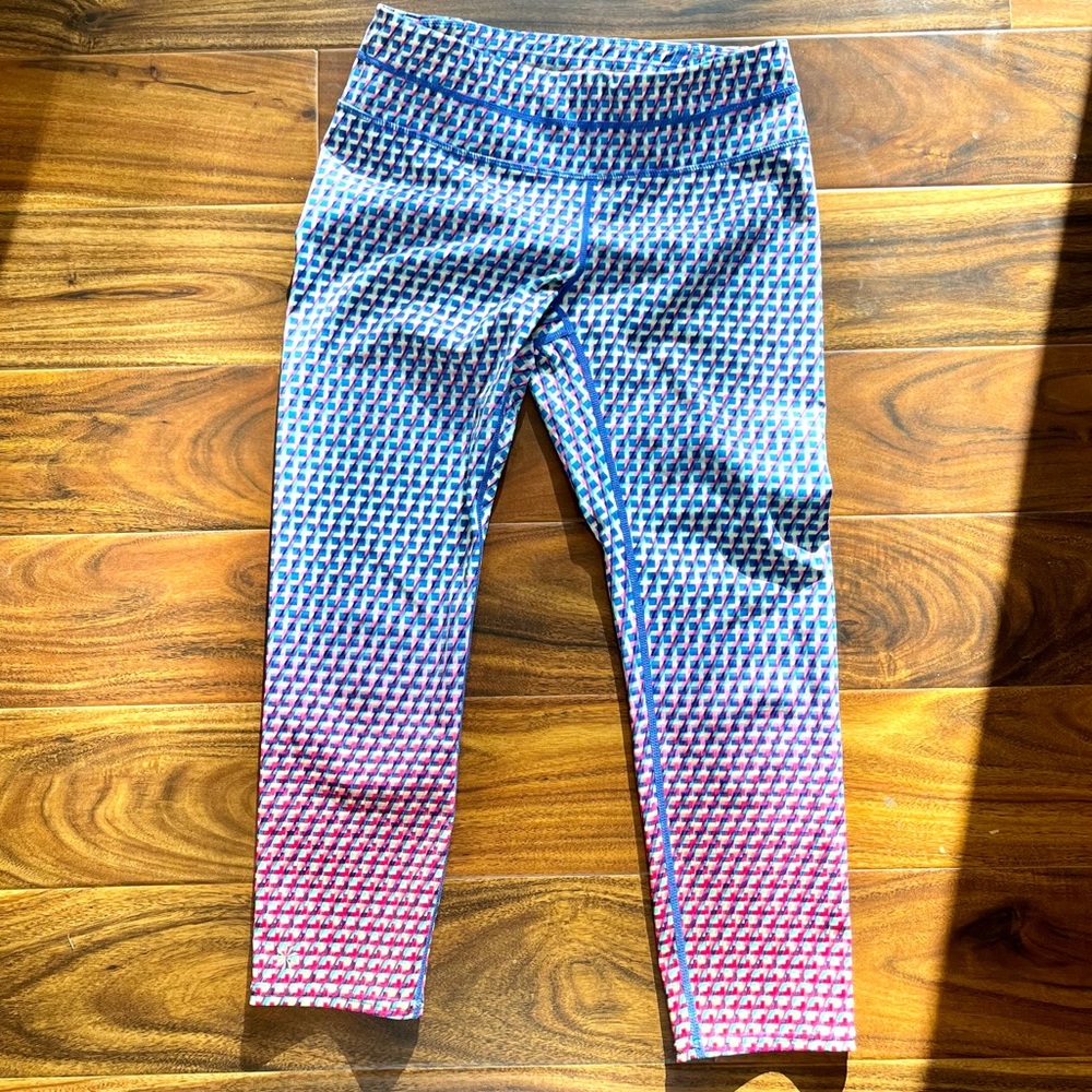 3/4 athletic leggings by Athleta, white, blue, pink, and yellow check design